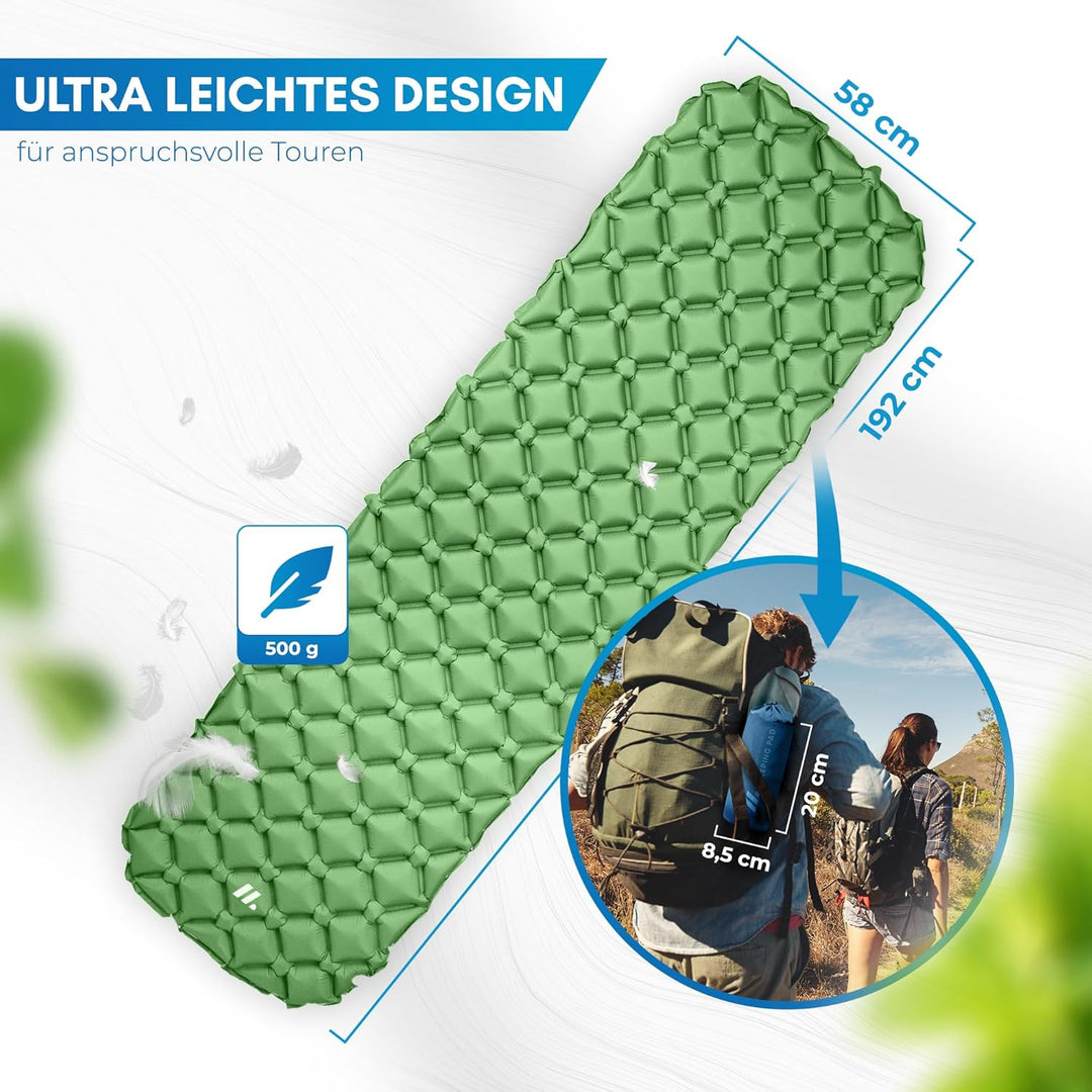 NORDMUT® 500g Isomatte Ultraleicht [mit Reparaturset] - Aufblasbare Luftmatratze Camping kleines Pac