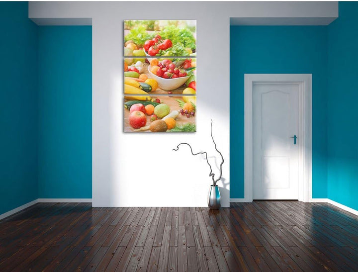 Pixxprint Buntes Obst und Gemüse Bunstift Effekt 3-Teiler Leinwandbild 120x80 Bild auf Leinwand
