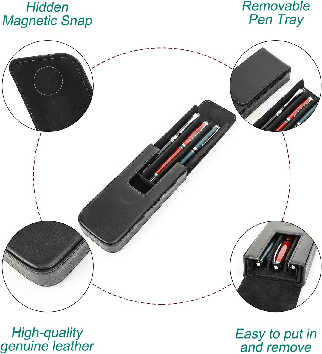 Hiram Leder-Füllhalteretui, Leder-Füllhalterbox für 3 Stifte mit Verstecktem Magnetischem Schnappver