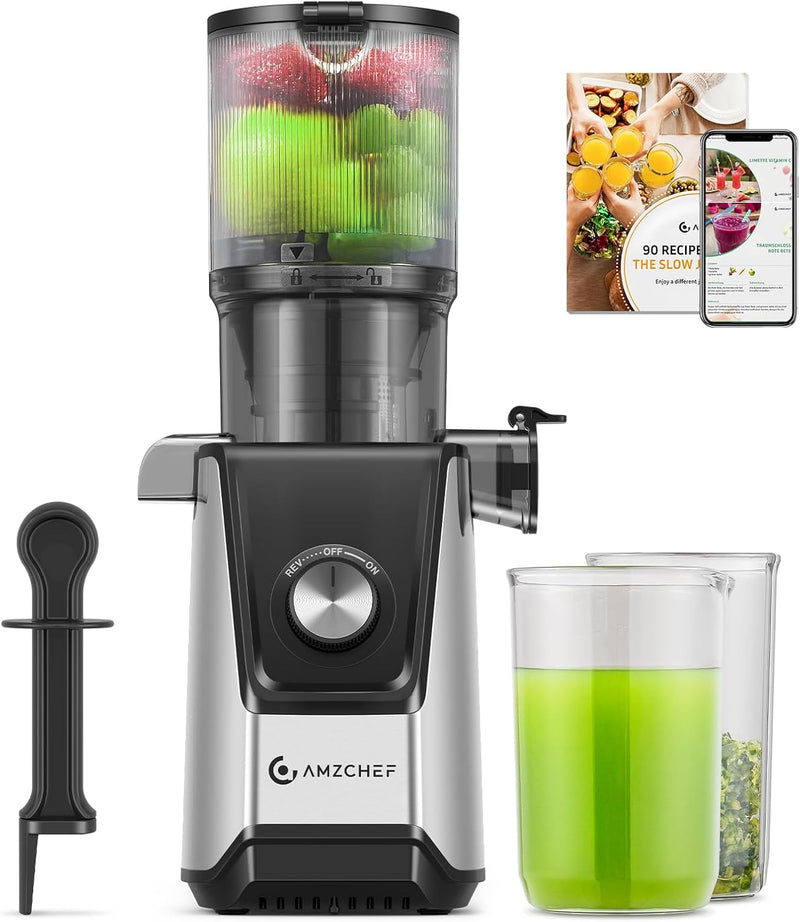 AMZCHEF 200W Kaltpress Slow Juicer - 108MM Grosser Einfüllschacht Entsafter für Ganze Gemüse und Obs