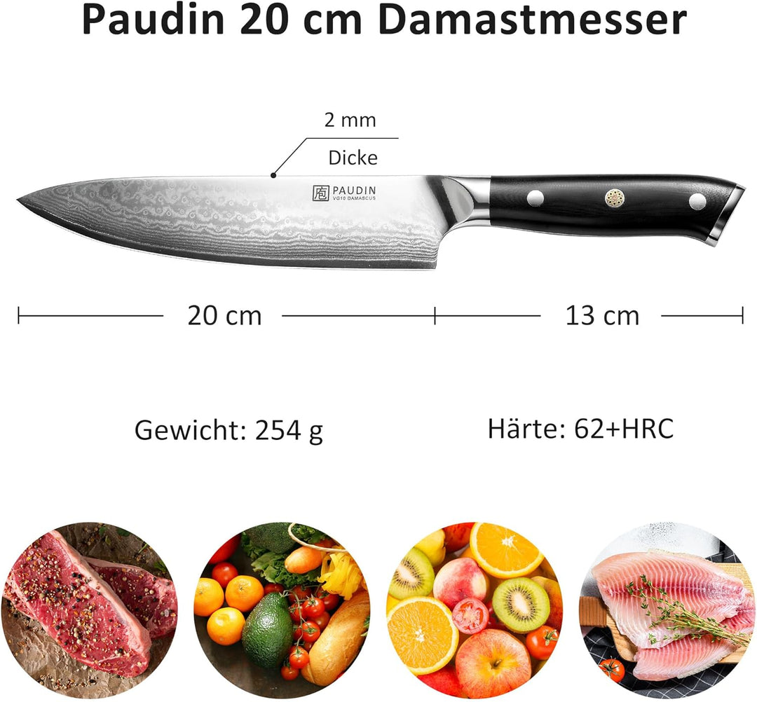 PAUDIN Damastmesser Kochmesser Küchenmesser 20 cm Damaststahl Messer mit Ergonomischem G10-Griff Dam