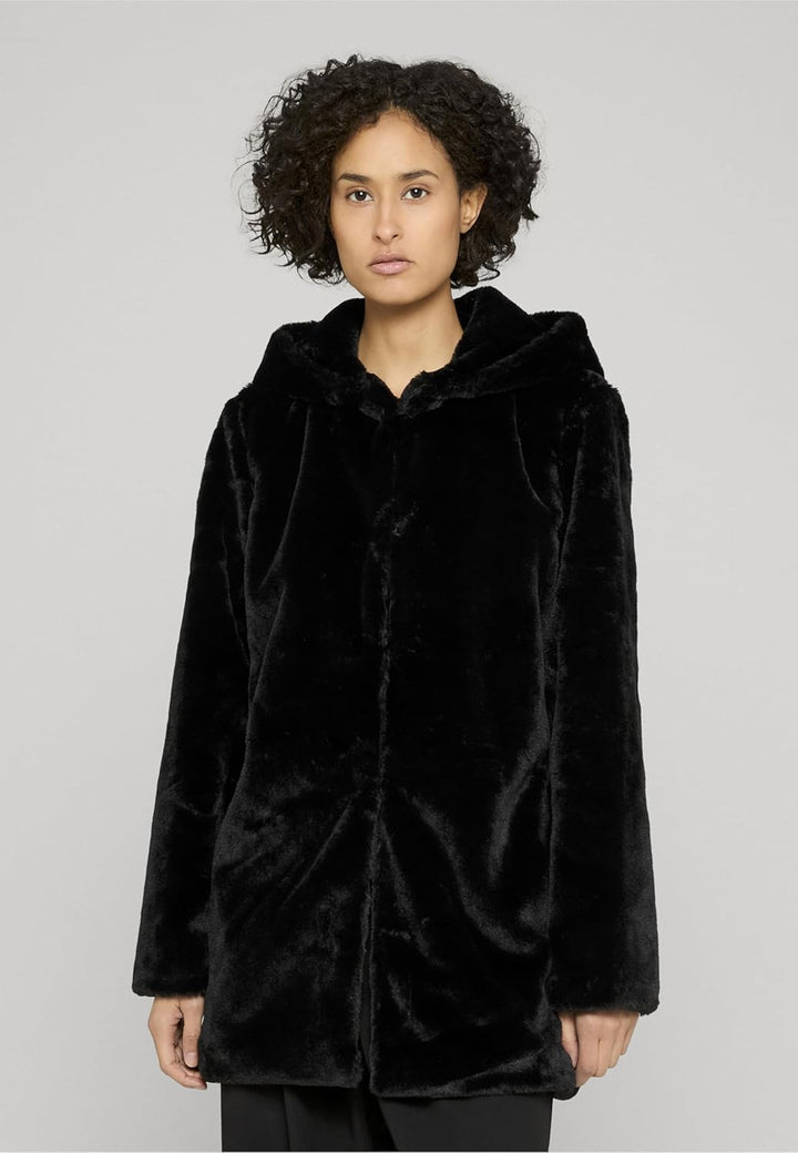 Urban Classics Ladies Hooded Teddy Coat aus Fake Kaninchenfell, Damen Mantel mit Kapuze und Seitenta