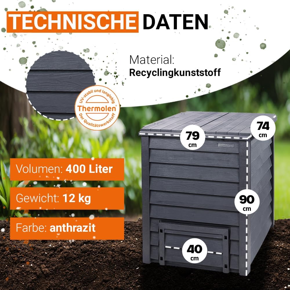 GARANTIA Thermo-Wood Komposter 400 Liter anthrazit-braun - Komposter Garten, Schnellkomposter, Abfal