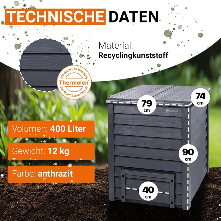 GARANTIA Thermo-Wood Komposter 400 Liter anthrazit-braun - Komposter Garten, Schnellkomposter, Abfal