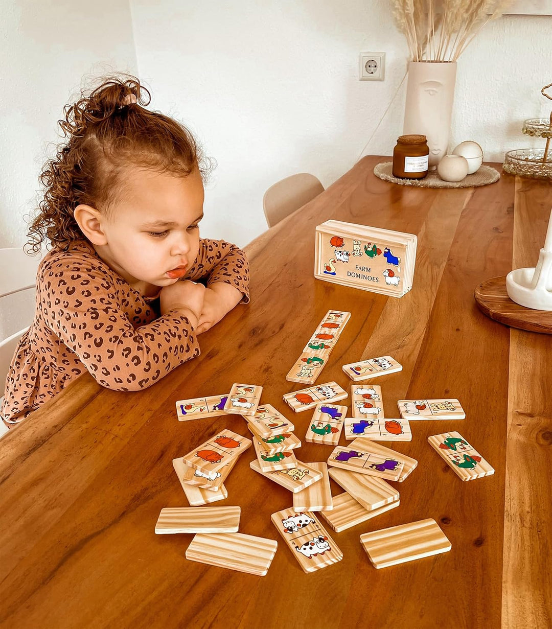 small foot Domino „Farm“ aus Holz, mit Bauernhof-Tiermotiven, in Holzbox mit Schiebedeckel, ab 3 Jah