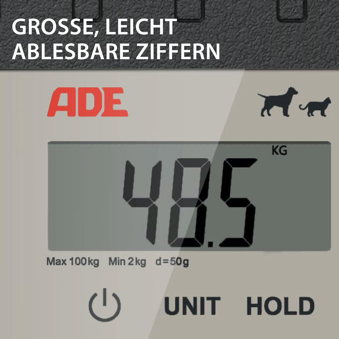 ADE Digitale Tierwaage Hundewaage für Hunde und Katzen (bis 65 cm Rückenlänge), Plattformwaage, Vete
