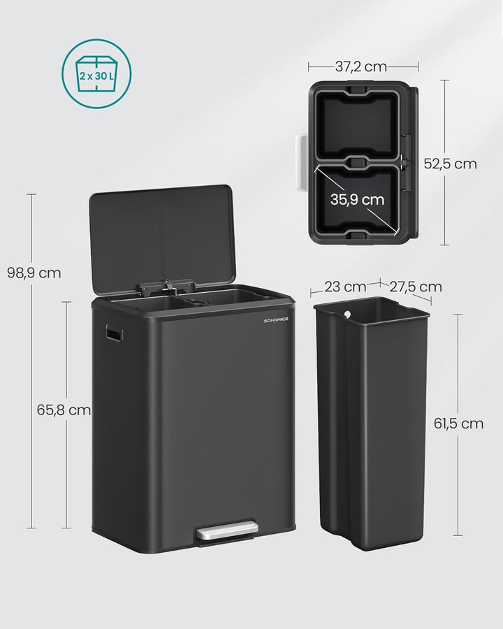 SONGMICS Mülleimer Küche, Mülltrennsystem 2 x 30 L, 2 Fächer für Recycling und Restmüll, Abfalleimer