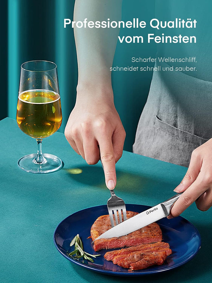 D.Perlla Steakmesser Set, Edelstahl Steakbesteck Set für 8 Personen, Schärfer Länger Steakmesser mit