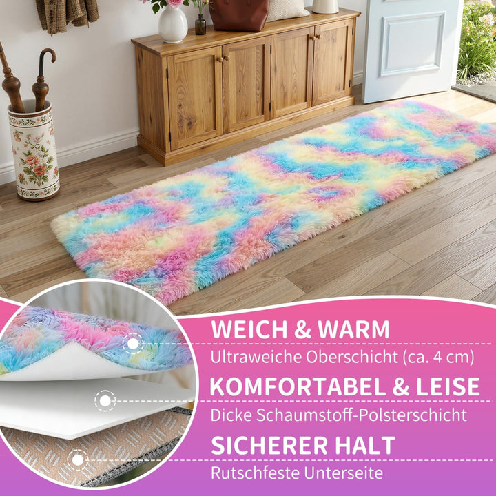 VOFUSHON Wohnzimmer Hochflor Teppich,Shaggy Flur Läufer Teppich Modern Flauschiger Weich Bunte Batik