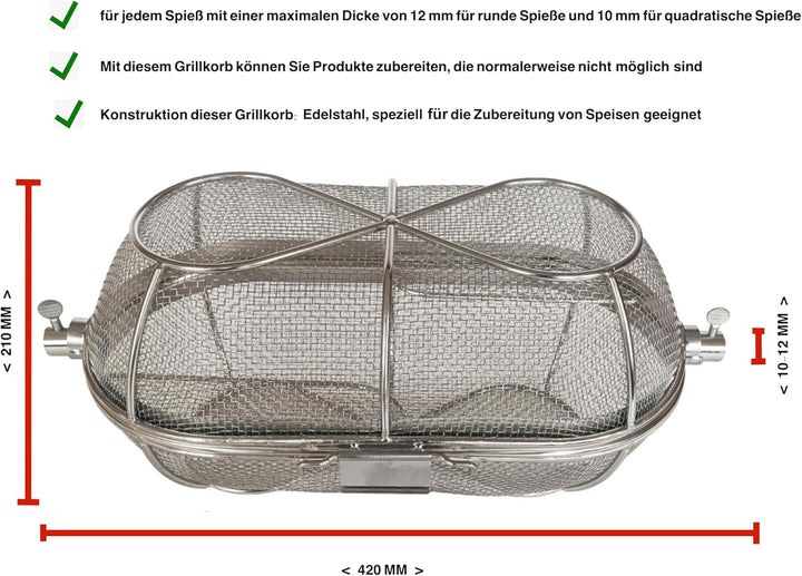 edelstahl Grillkorb - Korb für Rotisserie - Drehspiess korb - kann an jedem Spiess mit einer maximal
