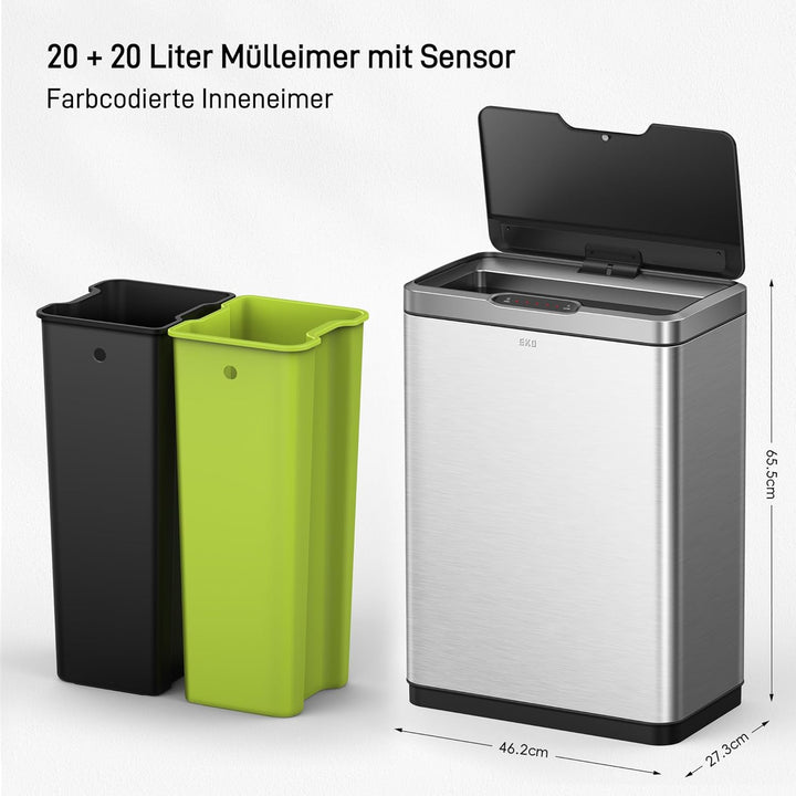 EKO Mirage Mülleimer mit Sensor, Mülleimer 2 Fächer 2 x 20L, Automatischer Küchenmülleimer, 2 Kunsts