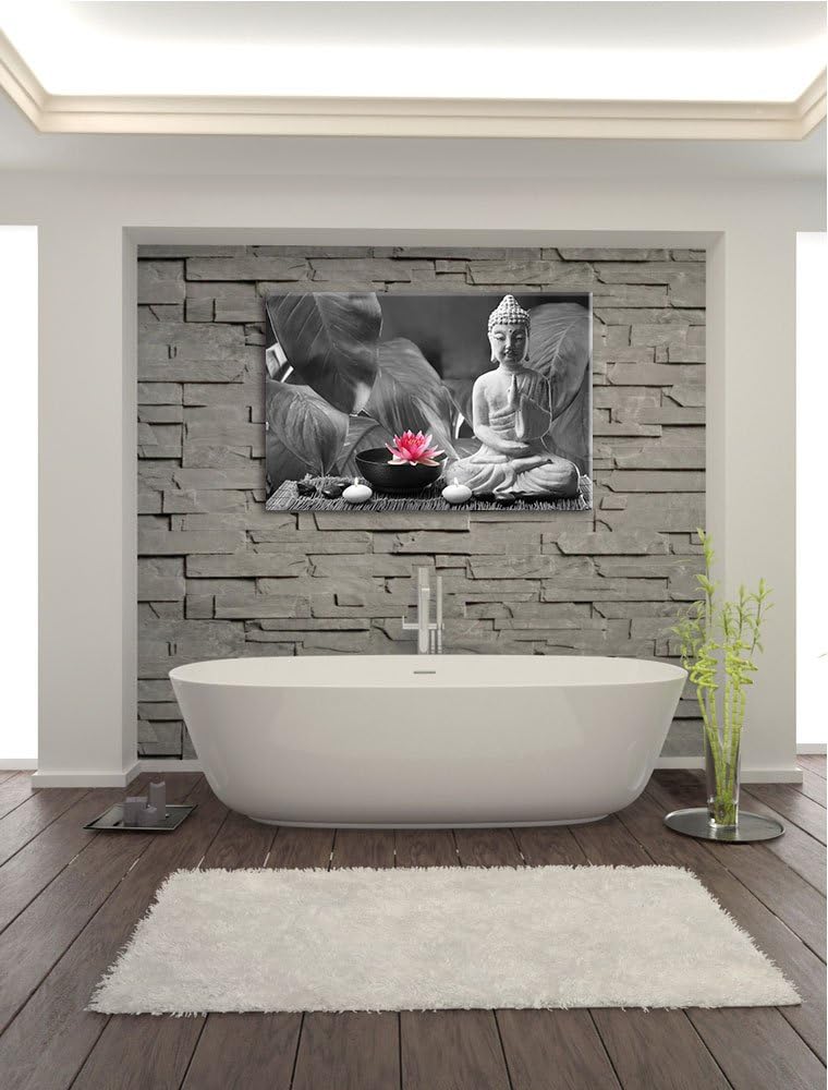 Buddha mit Seerose schwarz/weiss Format: 100x70 auf Leinwand, XXL riesige Bilder fertig gerahmt mit