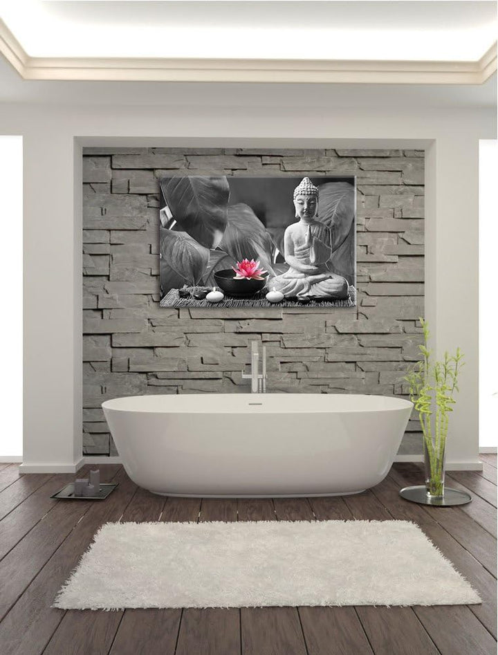 Buddha mit Seerose schwarz/weiss Format: 100x70 auf Leinwand, XXL riesige Bilder fertig gerahmt mit