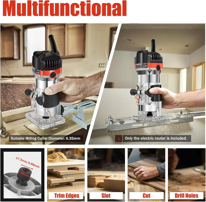 Oberfräse 800W Professional Kantenfräse Elektrisch Hand Trimmer 1/4" Holzfräse Laminergerät Router m