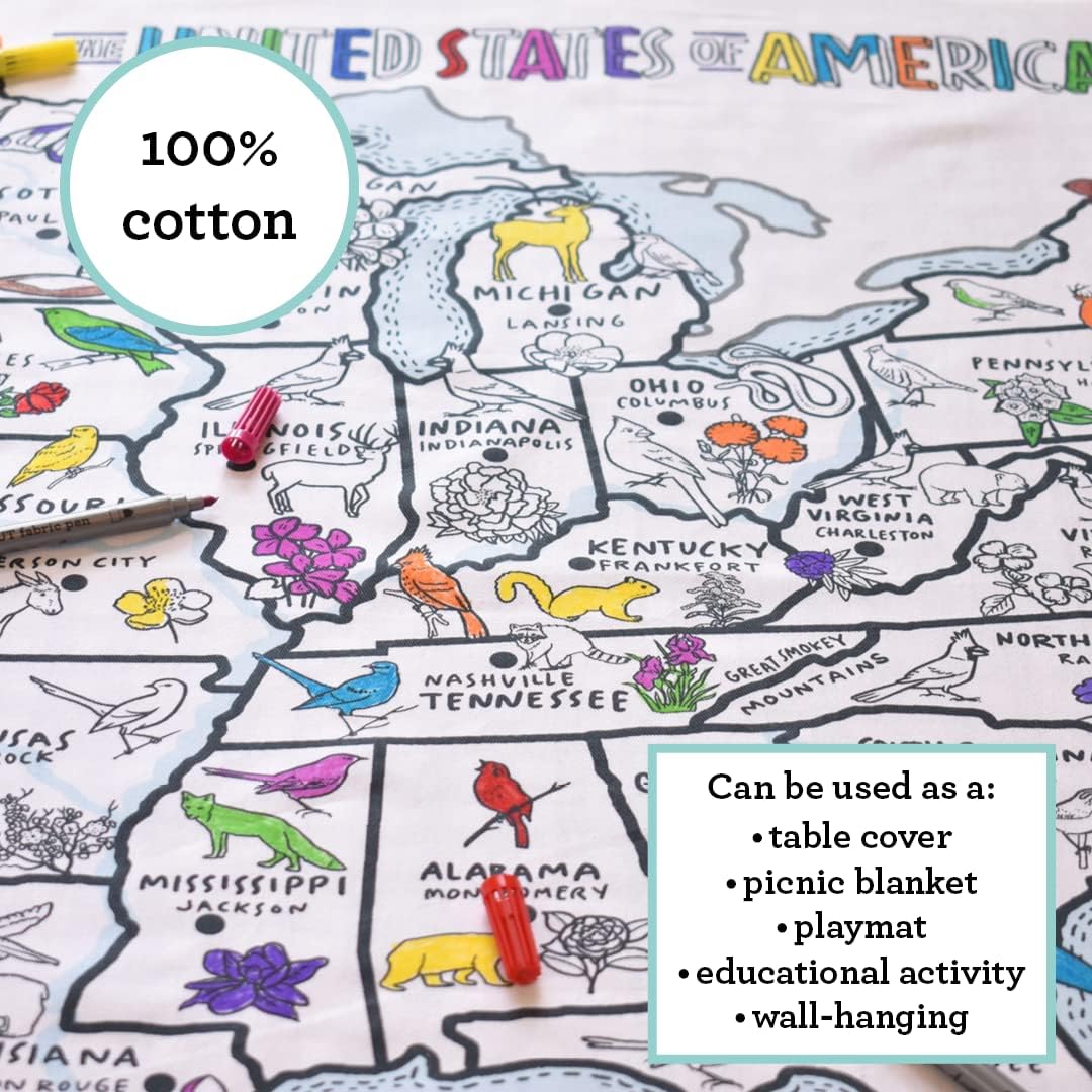 eatsleepdoodle Color &amp; Learn Tischdecke mit waschbaren Stoffmarkern US Map, Us-karte