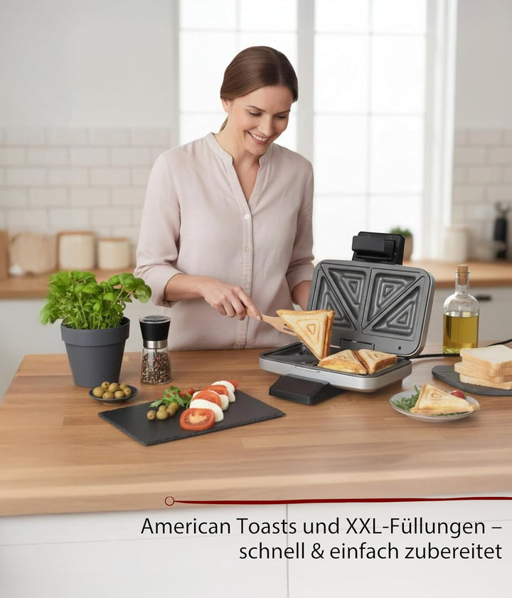 Cloer 6259 Sandwichmaker, 900 W für 2 diagonal geteilte Toasts, American Toasts, XXL Füllungen Silbe