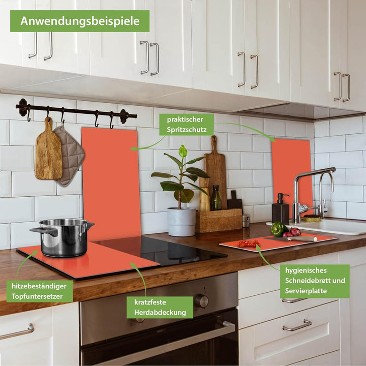 banjado® Herdabdeckplatte Glas 2-teilig je 30x52 cm/Schneidebrett Herdabdeckung mit Motiv Orange/Her