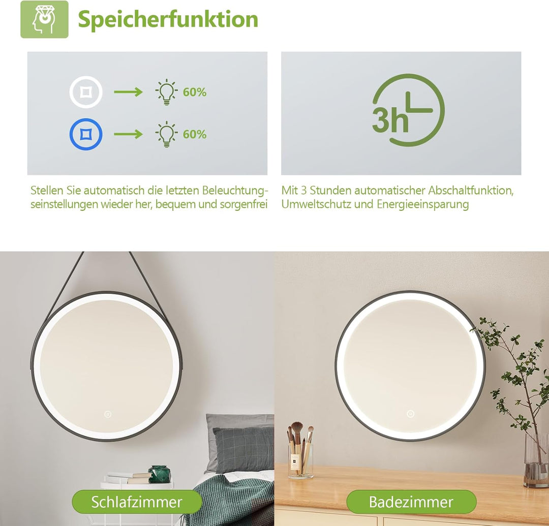 S'AFIELINA Badspiegel Rund mit Beleuchtung 60cm Durchmesser LED Badspiegel mit Touchschalter Dimmbar