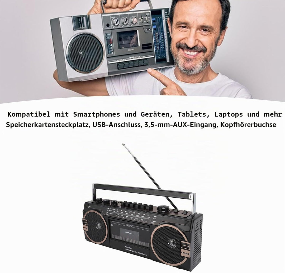 Kassetten Boombox, Retro Blueooth Boombox mit USB, SD und 3,5 Mm AUX Eingang, AM FM SW Kassettenspie