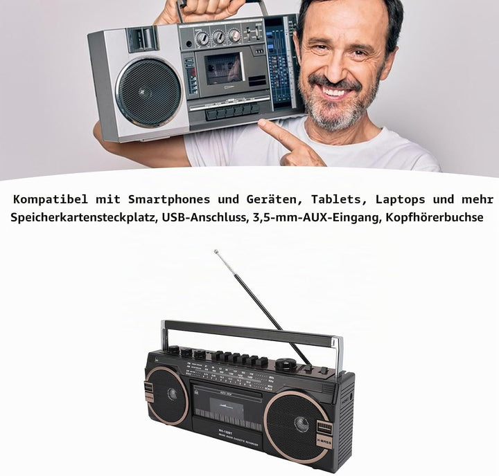 Kassetten Boombox, Retro Blueooth Boombox mit USB, SD und 3,5 Mm AUX Eingang, AM FM SW Kassettenspie
