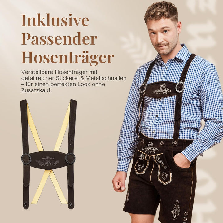 HOFGLANZ® Trachten Lederhose Herren Kurz - Hochwertige Trachtenhose für Herren mit Hosenträgern - Tr
