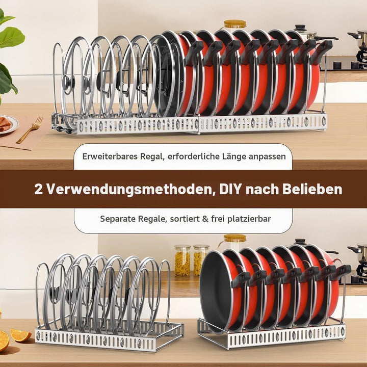Housolution Pfannenhalter für Schublade, Erweiterbarer Topfdeckelhalter mit 14 Verstellbaren Teiler,