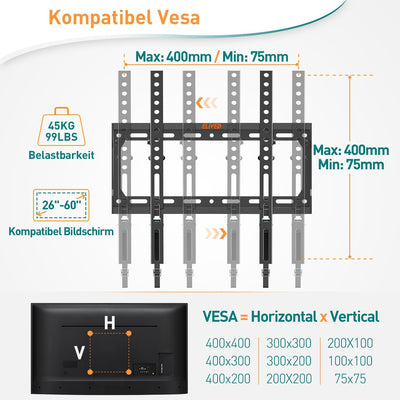 ELIVED TV Wandhalterung Neigbar Fernseher Wandhalterung für die meisten 26-60 Zoll Flach & Curved LE