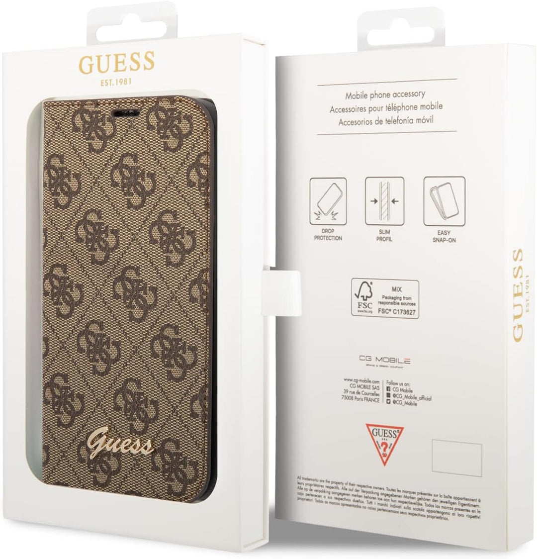 Guess GUBKP14XHG4SHW Hülle für iPhone 14 Pro Max 6,7" braun/Brown Book 4G Vintage Gold Logo