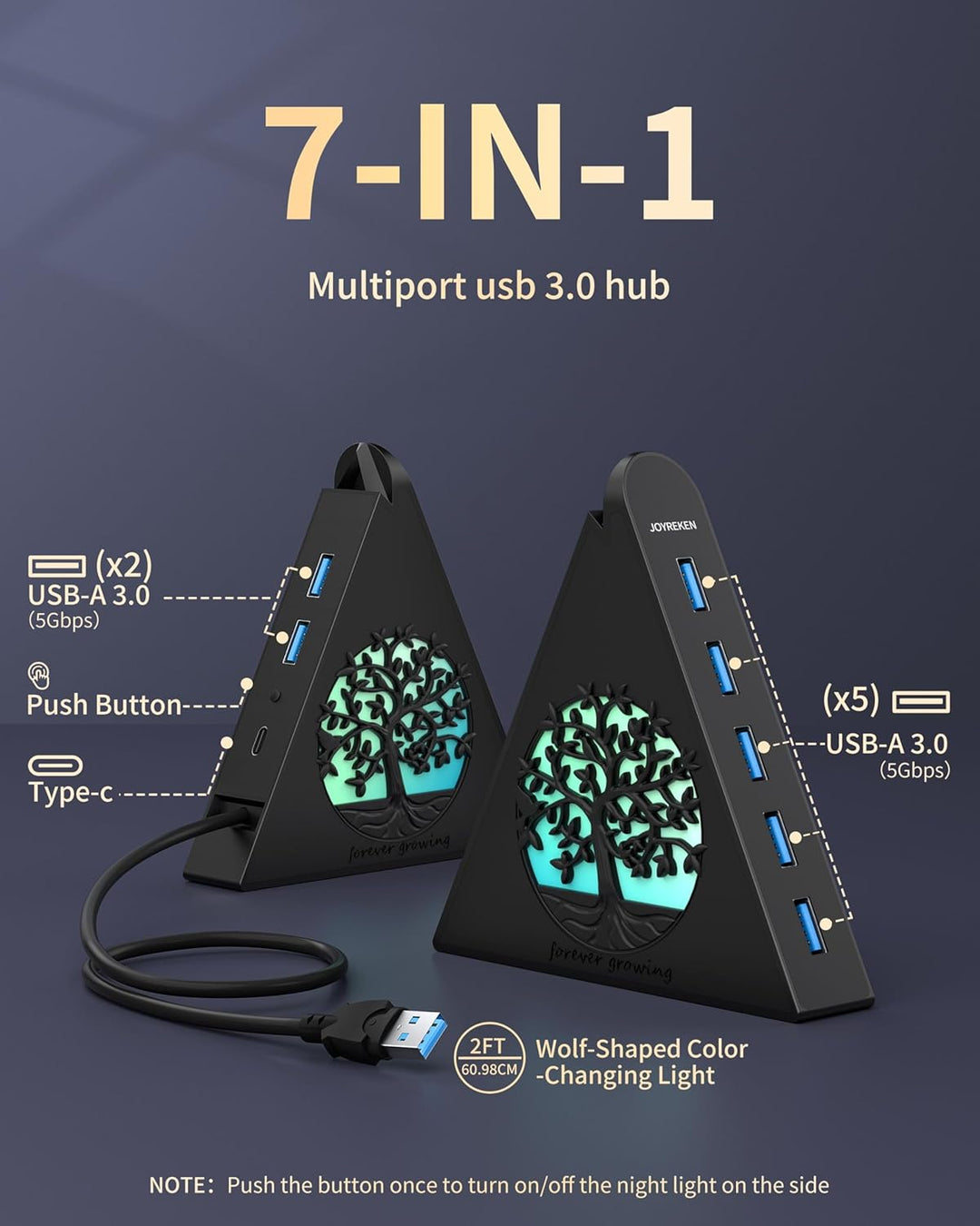 7-Port USB 3.0 Tree Hub, vertikaler USB-Hub-Splitter mit RGB-Baumbeleuchtung, 5 Gbit/s High-Speed-Da