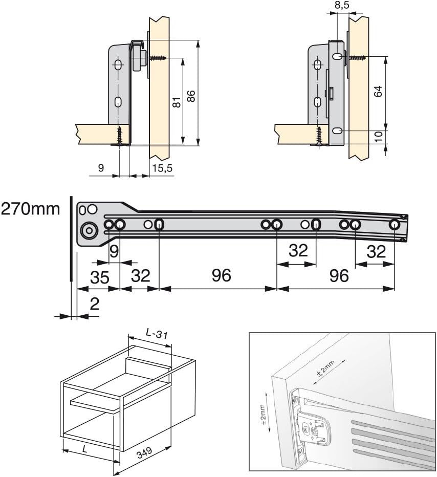 Emuca 3041025 Set aus 10 Schubladen-Kits Metallseiten und Scheibenführungen aus Stahl mit Aluminiumo