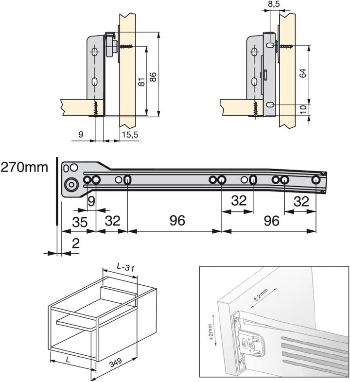 Emuca 3041025 Set aus 10 Schubladen-Kits Metallseiten und Scheibenführungen aus Stahl mit Aluminiumo