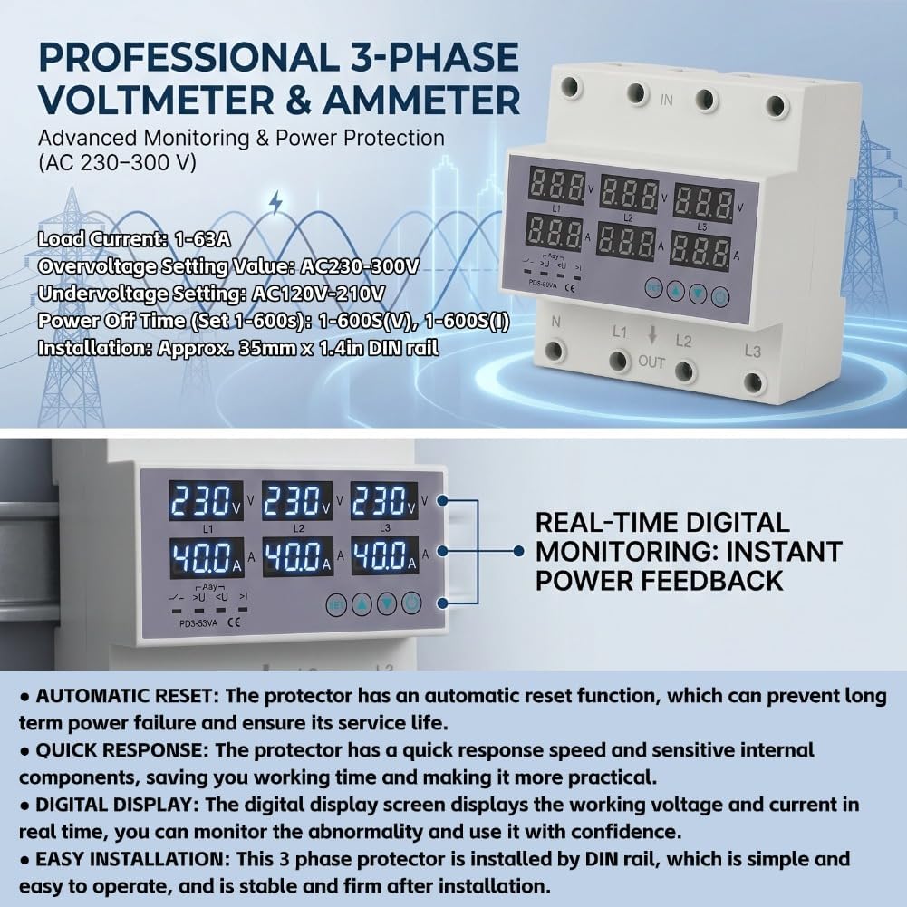 3-Phasen-DIN-Schienen-Voltmeter-Amperemeter-Multitester, AC 390‑500 V Automatischer Überspannungs-Üb
