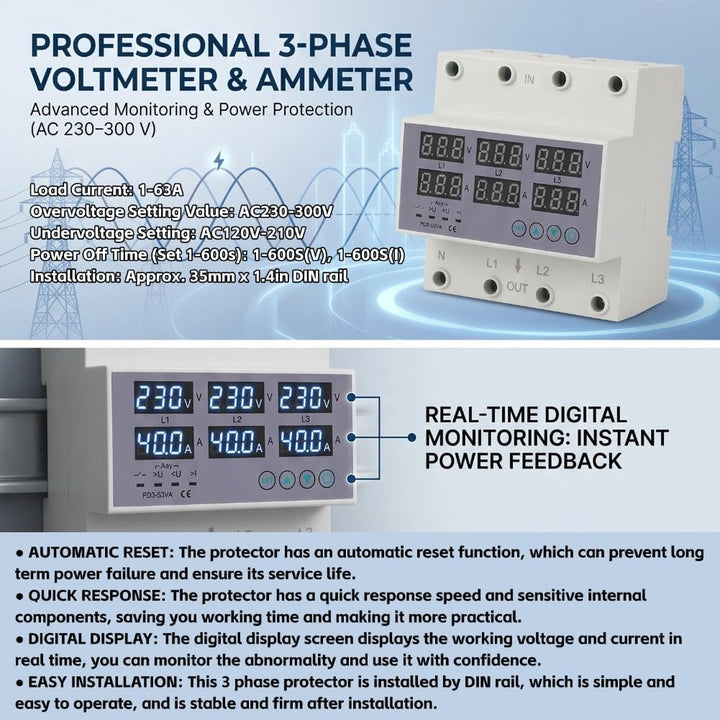 3-Phasen-DIN-Schienen-Voltmeter-Amperemeter-Multitester, AC 390‑500 V Automatischer Überspannungs-Üb