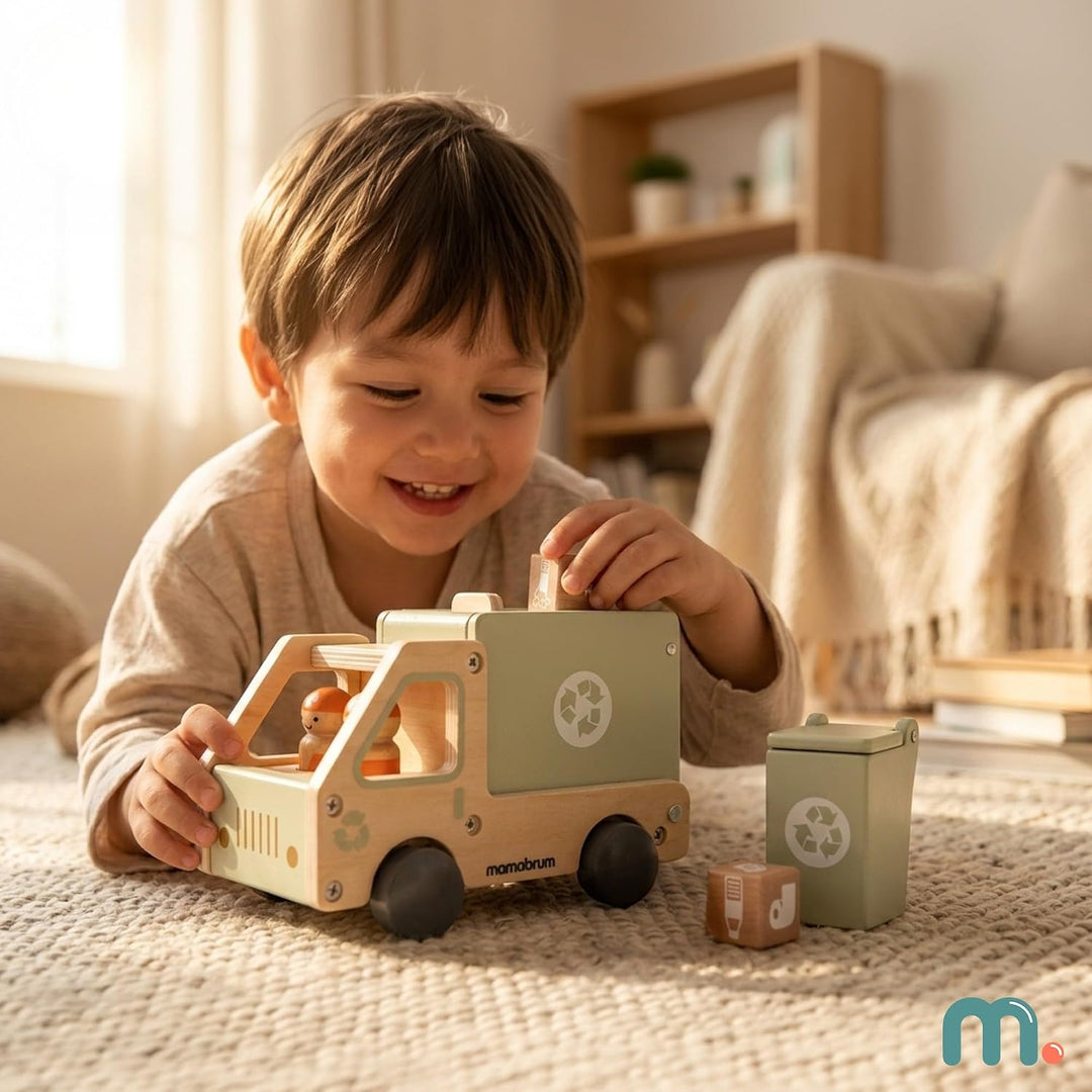 mamabrum Holz-Müllwagen mit Zubehör, Lernspielzeug für Kinder ab 3 Jahren, MDF, Natur und Grün, 2 Ho