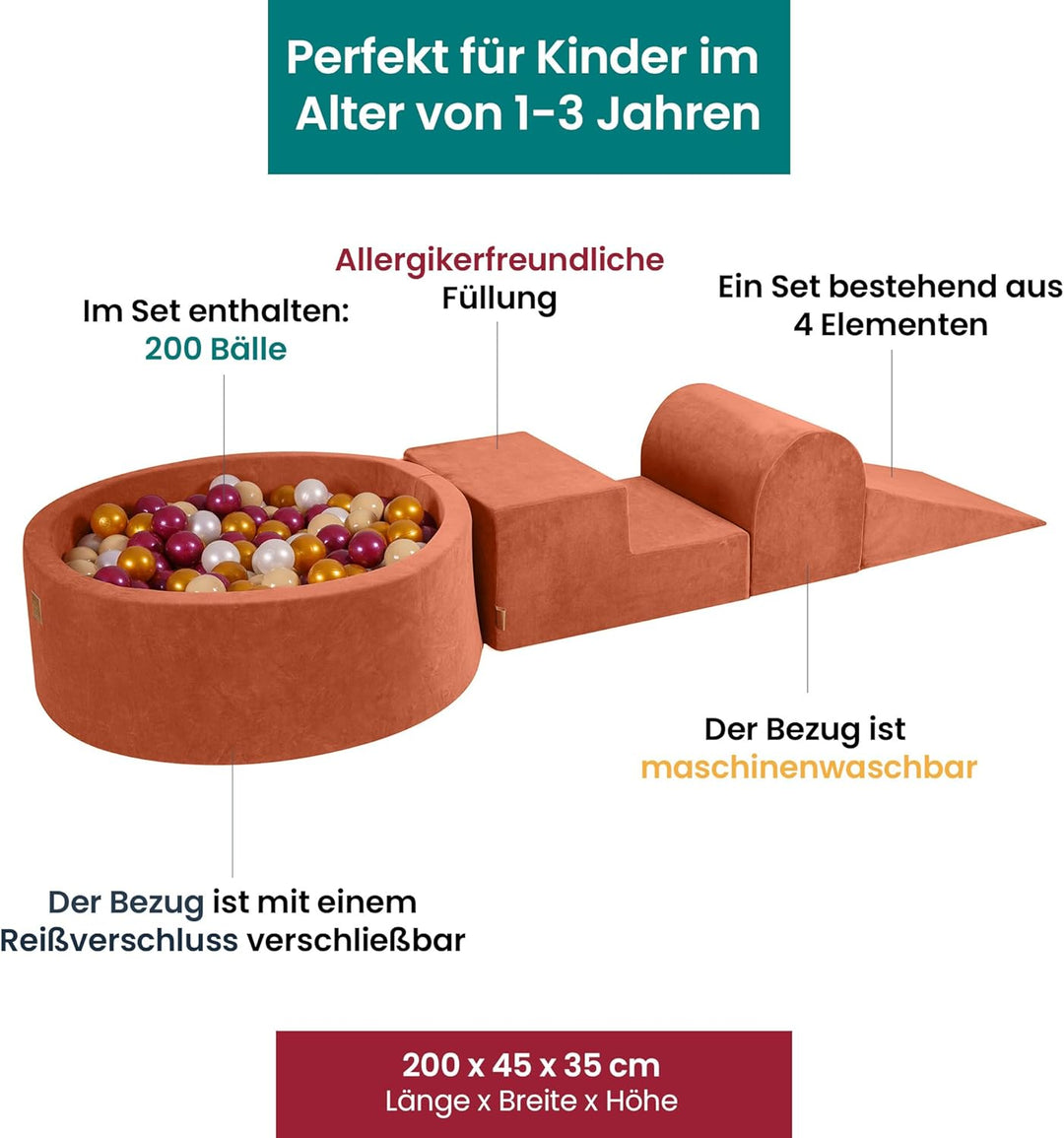 MEOWBABY Spielplatz aus Schaumstoff mit Bällebad 240x45cm - Schaumspielset mit 200 Bälle für Kinder,