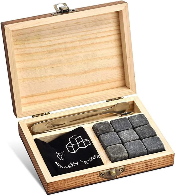 5-TLG Whisky Kühlsteine Set - Holzkiste und Whisky Tumbler mit Wunschgravur - 9x Kühlsteine, 1x Zang