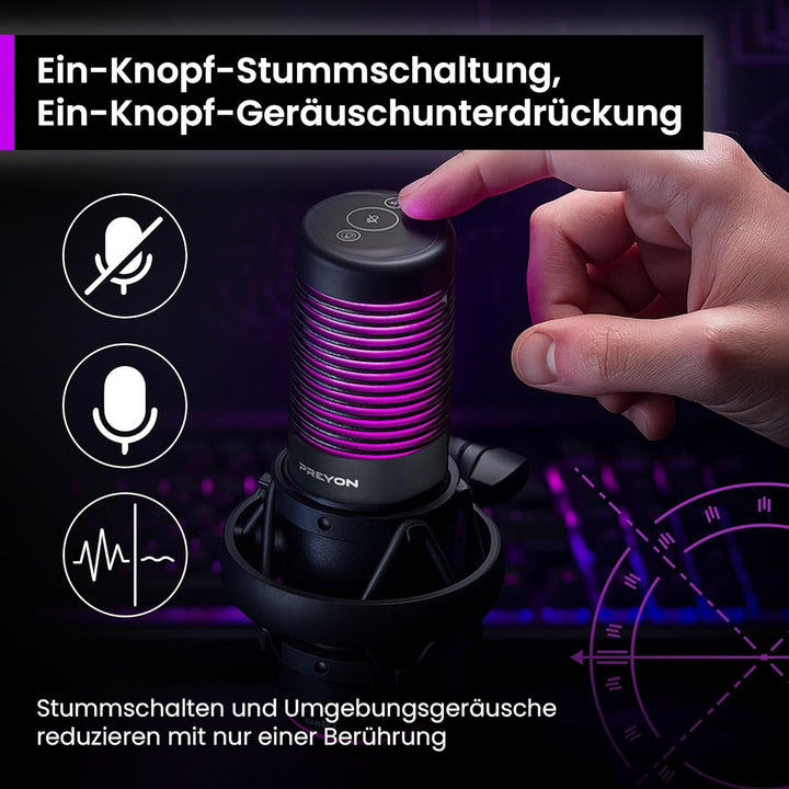 PREYON Gaming Mikrofon PC mit Arm USB Microphone - Podcast Streaming Studio Laptop Stand Mic Zubehör