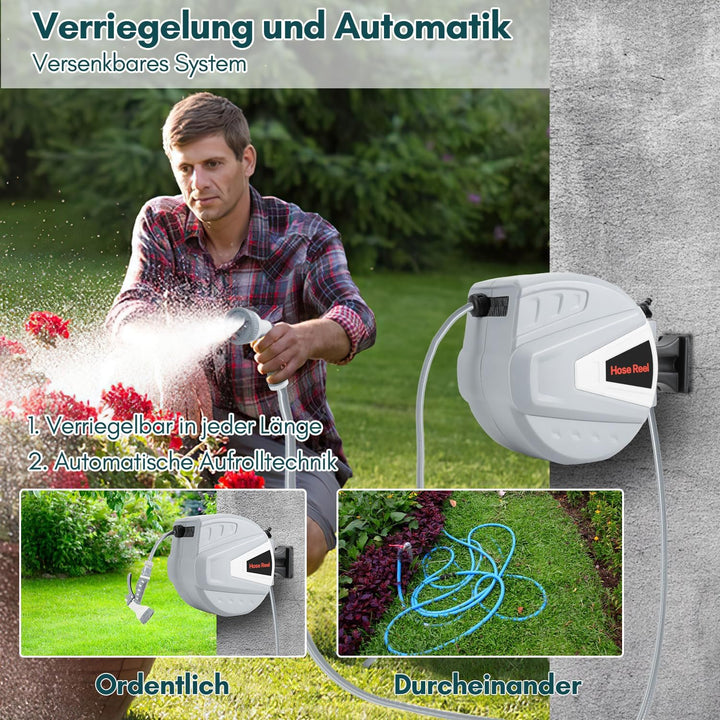 Schlauchtrommel Schlauchbox 20+2m, Automatik Schlauchaufroller 180°,Wand-Schlauchbox mit Handbrause