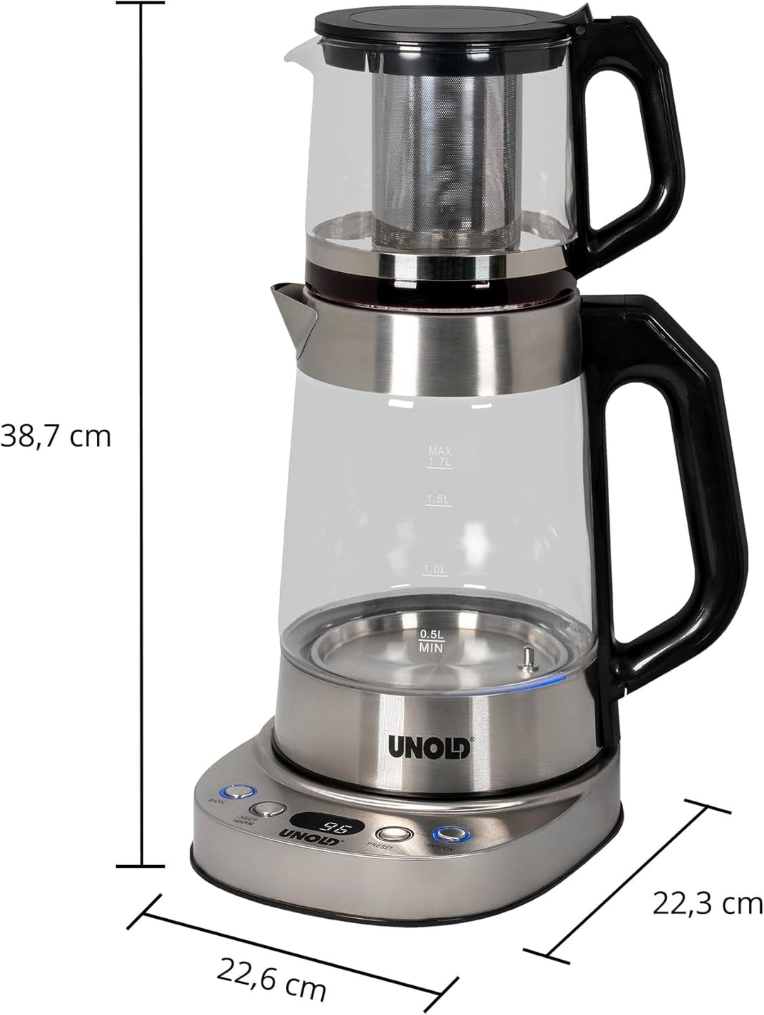Unold Samowar Selin 18215 Samowar 2-in-1 Teekocher & Wasserkocher 1,7L + 1,0L Teekanne Borosilikatgl