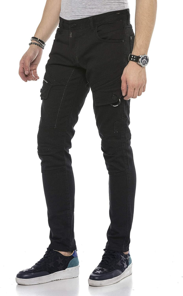 Cipo & Baxx Herren Jeanshose Design Cargohose Regular Fit Straght Biker Pants Used Jeans Hose Schwar
