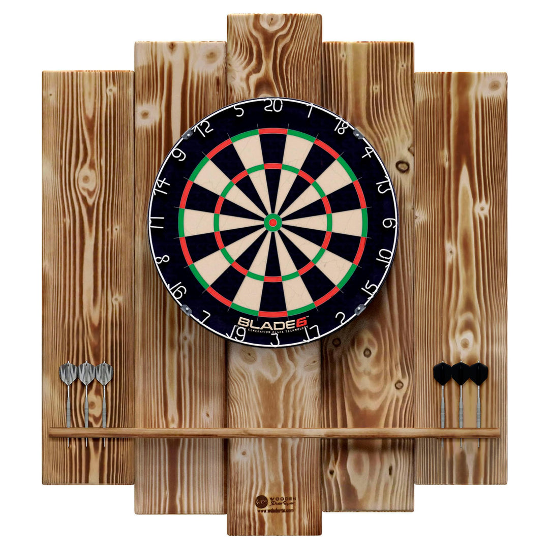 Wooden Dartboard Surround | Premium Dart-Wandschutz & Tablet-Halter (Optional) | Geflammter Burned L