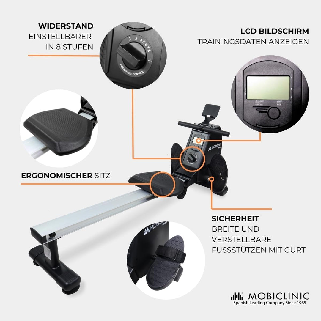 Mobiclinic® Fitness, Rudergerät, Rowfit, 8 widerstandsstufen, Geräuschlos, Magnetischer Widerstand,