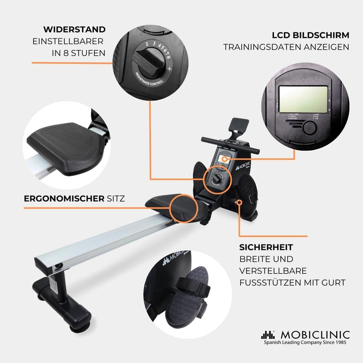 Mobiclinic® Fitness, Rudergerät, Rowfit, 8 widerstandsstufen, Geräuschlos, Magnetischer Widerstand,