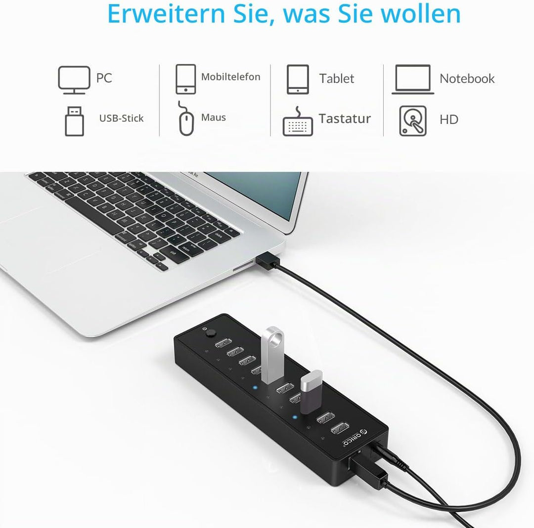 ORICO USB 2.0 Hub 10 Ports mit Netzschaltern und Netzteil 30W (12V2.5A), 480 Mbps Speed Datenhub für