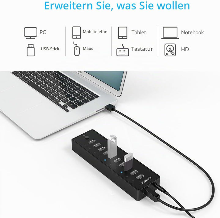 ORICO USB 2.0 Hub 10 Ports mit Netzschaltern und Netzteil 30W (12V2.5A), 480 Mbps Speed Datenhub für