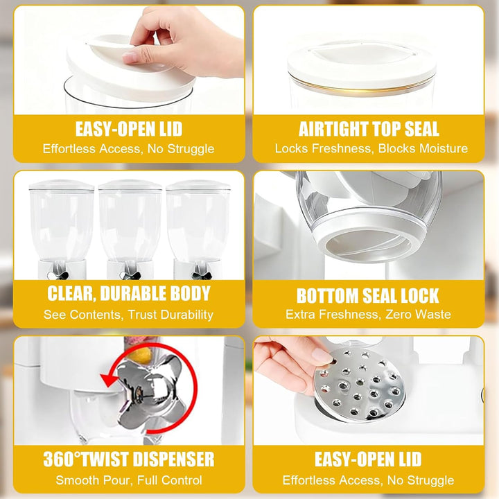Cereal Dispenser 2L, Dreifacher Müsli Verteiler für die Arbeitsplatte, Müslispender 3er Set Luftdich