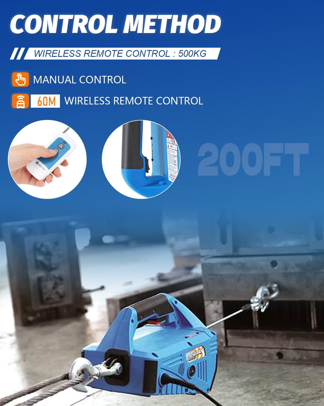 NEWTRY Elektrische Seilwinde 230V mit Kabellose Fernbedienung 500KG Hebezeuge 7,6 m Maximale Hubhöhe