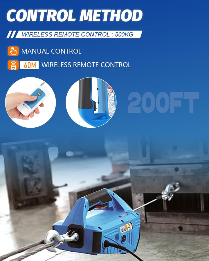 NEWTRY Elektrische Seilwinde 230V mit Kabellose Fernbedienung 500KG Hebezeuge 7,6 m Maximale Hubhöhe