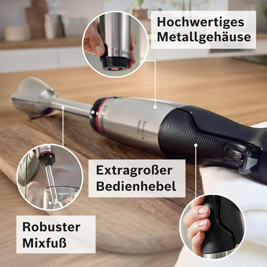 Bosch Stabmixer ErgoMaster Serie 6 MSM6M622, einhändig bedienbar, Edelstahl-Klingen, verschleissfrei