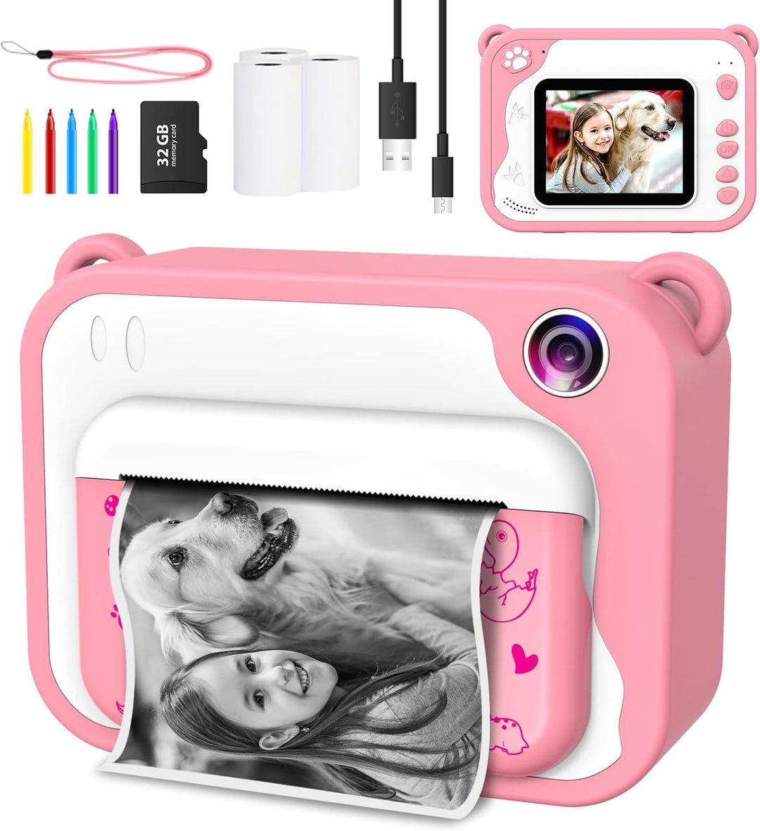 Uleway KinderKamera,DigitalKamera Print Sofortbildkamera 1080P 2.4'' Bildschirm Videokamera Schwarzw
